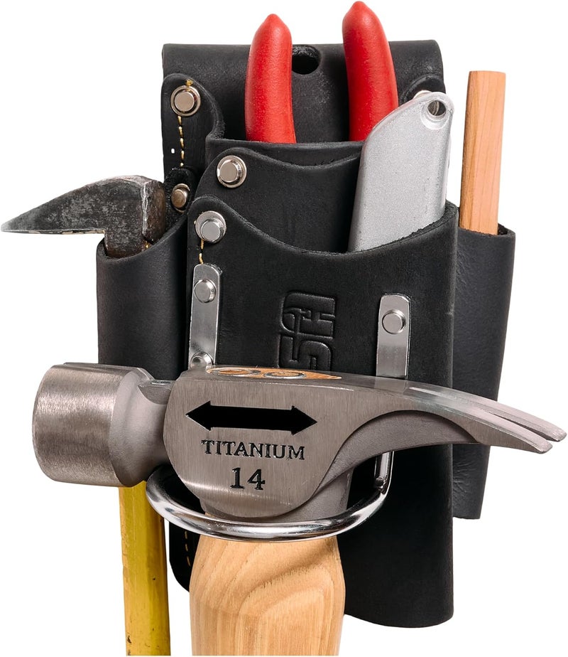 fesa Small Leather Tool Pouch - 5-in-1 Heavy Top Grain Leather Small Tool Pouch with a Steel Hammer Loop, 4 Pockets & Reinforced Heavy Duty Rivets - Fits Belts up to 3" - Handcrafted - Image 1
